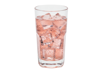Isolated glass of rose soda with ice cubes, sparkling beverage refreshs, summer drink