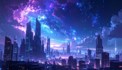 Surreal panoramic cityscape at night with shimmering futuristic skyscrapers under a vast cosmic sky filled with glowing stars and nebula clouds. The architecture blends sleek modern towers with retro.
