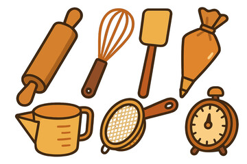 Collection of essential kitchen baking tools and utensils for cooking and pastry preparation