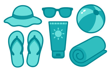 Essential summer vacation items for beach holidays, including hat, sunglasses, sunscreen, and flip-flops