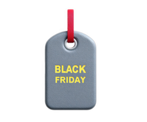 A gray dog tag with the words black friday in yellow letters, hanging from a red ribbon, isolated on transparent background