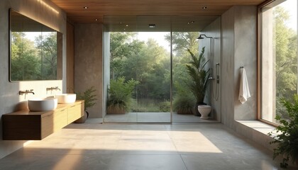 Modern minimalist bathroom features wood vanity, two round sinks, large mirror. Glass shower cabin, toilet, green plants inside. Big windows show forest view, blending nature with design. Bright