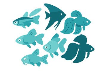 Collection of diverse freshwater aquarium fish in stylized blue and teal colors