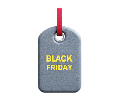 A gray dog tag with the words black friday in yellow letters, hanging from a red ribbon, isolated on transparent background