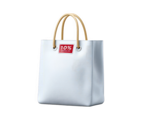 A stylish white textured tote bag with rope handles, featuring a red tag with 10 off text, isolated on a transparent background, perfect for shopping and fashion