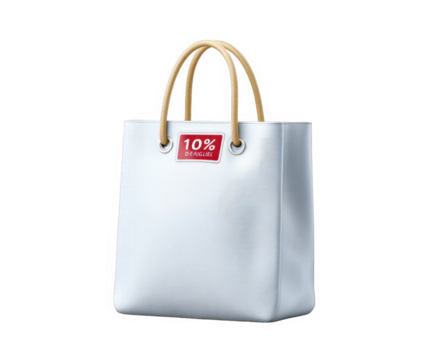 A stylish white textured tote bag with rope handles, featuring a red tag with 10 off text, isolated on a transparent background, perfect for shopping and fashion