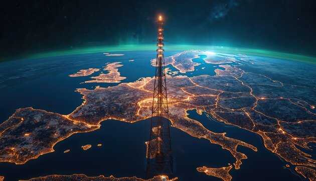 Tower transmitting signals over glowing Earth continent at night with aurora borealis. Advanced global 5G network for future cities and communication.