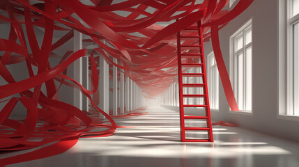 Surreal office corridor with red tape and ladder.