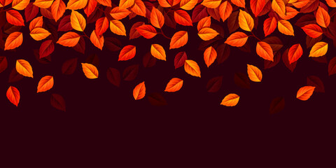 Autumn horizontal seamless background with falling red and orange leaves on a dark brown background. Vector autumn border