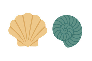 Stylized marine shells featuring a scallop and a spiral nautilus design