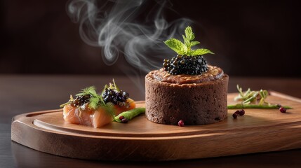 Culinary Masterpiece: A delectable serving of gourmet food, featuring a perfectly cooked pastry, exquisite caviar, and artful presentation, steam rising in the air, inviting the senses.