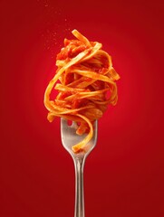 Delicious linguine pasta with vibrant tomato sauce served on a silver fork against a bold red background invites culinary indulgence