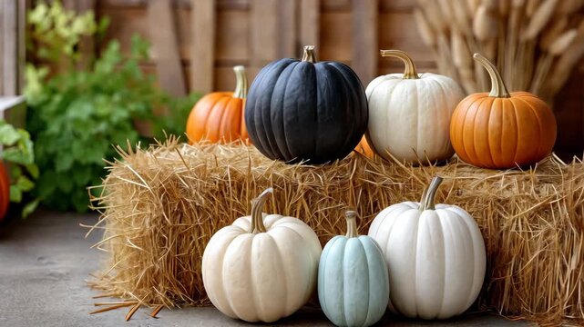Explore a beautiful arrangement of pumpkins in different colors and sizes, perfect for fall decor and seasonal inspiration