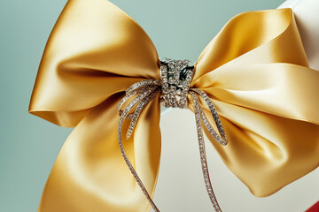 Yellow satin bow tied in the center with a jewelry piece. Luxurious and elegant decorative accessory.