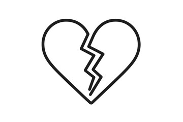 Broken heart thin line vector icon. Metaphor for heartbreak, divorce, cheating, romantic problems. Symbol of sadness, pain, grief, separation, and relationship issues.