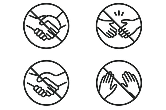 No handshake icon set. Avoid physical contact symbol collection. Social distancing safety sign for pandemic. Forbidden handshake for coronavirus prevention and health protection.