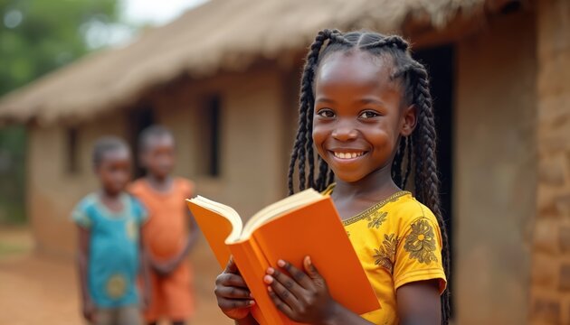 African girl holds open book. She smiles brightly looks at viewer. Other children and village house background. Concept learning reading education school. Child is happy shows knowledge.
