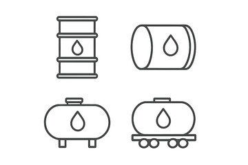 Gas and oil barrel icon set. Fuel tank, drum, and cistern vector illustration. Thin line icons for petroleum industry, energy, and liquid storage. Linear outline graphic.