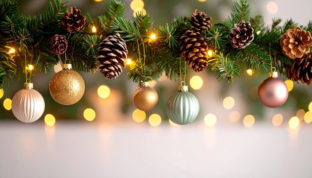 Christmas garland with pinecones, multicolored baubles, and string lights on soft white bokeh background. - Powered by Adobe