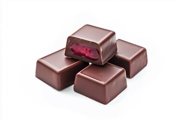 Premium dark chocolate pralines with vibrant berry filling on white background.