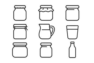 Glassware line icon set. Vector collection of kitchen glass containers for jam, honey, canning. Includes pitcher, bottle, glass. Minimalist outline pictograms with editable stroke.