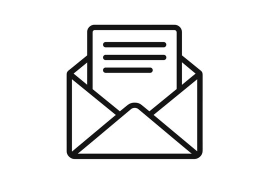 Mail vector icon with open envelope and letter. Symbol of email, message, newsletter, invitation, or subscription. Simple line art graphic for business correspondence and communication.