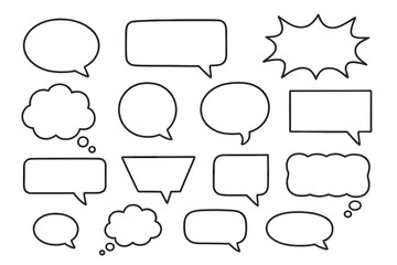 Speech bubble and thought bubble outline set. Vector collection of comic chat boxes for dialog, messages, and communication. Minimalist line art design element for infographics.
