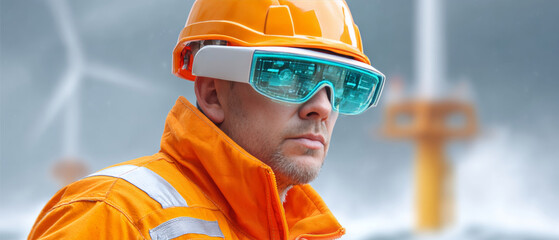 Offshore wind turbine engineer in orange uniform using augmented reality smart glasses during inspection on ocean platform under stormy weather conditions