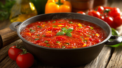 Delicious homemade tomato sauce with fresh herbs and vegetables in a pot