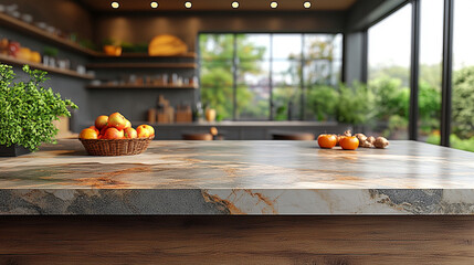 Kitchen counter with fruit, blurred background of modern home