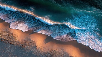 Coastal Serenity: An aerial perspective of a serene shoreline, where the rhythmic dance of waves meets the golden sands, creating a tranquil moment of natural beauty and coastal charm.