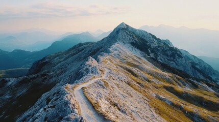 Mountain Majesty: A breathtaking view of a rugged mountain ridge, its peak piercing the sky, embodies the raw beauty and formidable power of nature. A pathway leads towards the summit.