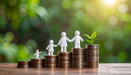 A visual representation of financial growth and family well-being, symbolized by figures on stacks of coins with a growing plant