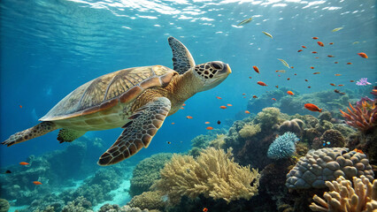 Obraz premium Close-Up of a Sea Turtle Gliding Over a Vibrant Coral Reef