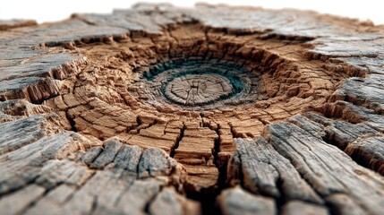Tree Stump's Rings: A close-up shot of a weathered tree stump unveils intricate growth rings and textures, evoking a sense of time, history and the enduring strength of the natural world. 