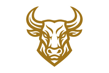 Bull head logo vector icon. Golden taurus mascot emblem design. Strong angry bovine animal symbol for sport team or finance company. Power and luxury concept illustration.