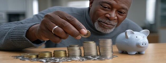 Man organizing coins and counting savings near a piggy bank in a cozy indoor setting during the day