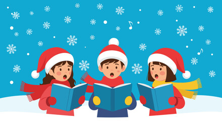 Children singing carols outdoors on a snowy winter day.