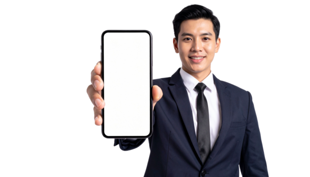 A confident businessman in a suit holding up a modern smartphone with a blank screen, ready to showcase a new app or service. He exudes professionalism and modernity