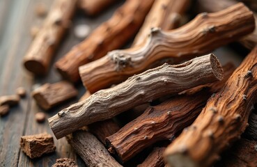 Dried alder buckthorn bark pieces on wooden surface. Brown wood fragments with rough texture. Herbal remedy for digestive health and natural medicine.