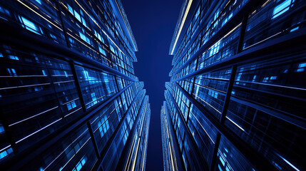 Vertical glowing columns arranged symmetrically over dark void, representing structure, organization, and corporate vision. 