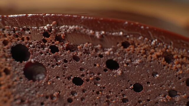 Close-up of rich, moist chocolate cake with glossy ganache layer