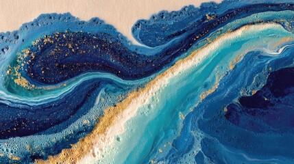 Azure Waves: A captivating depiction of oceanic waves, rendered with fluid elegance and vibrant hues of deep blue and aquamarine, accented with streaks of gold.