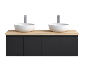 Modern double vanity with two white vessel sinks and chrome faucets on a light wood countertop, isolated on transparent background
