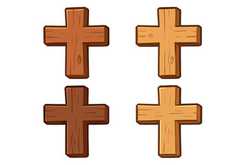 Obraz premium Wooden cross vector set. Christian symbol of faith and religion. Cartoon illustration of crucifix for Easter or Lent. Icons in light and dark wood texture. Jesus Christ concept.