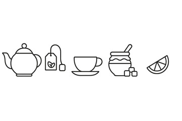 Minimalist line icons for tea time. Vector set includes teapot, teabag, cup, saucer, honey, sugar cubes, lemon. Outline drawing for cafe, beverage, and breakfast menu design.