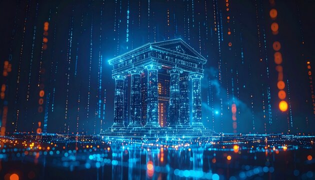 Digital bank architecture with data streams and lines of code, representing innovation and technology in the financial industry