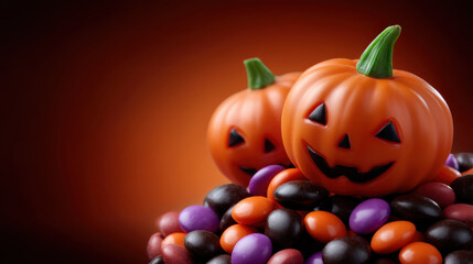 Mini carved pumpkins with Halloween candy on dark orange background, evoking festive and spooky atmosphere