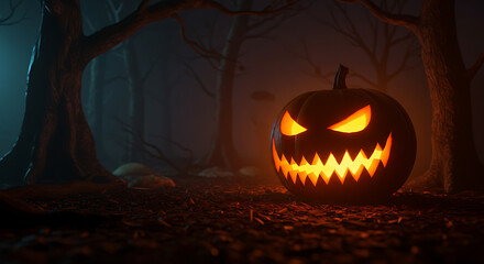 Spooky jack o lantern glowing in dark haunted forest
