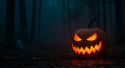 Spooky jack o lantern glowing in dark haunted forest

